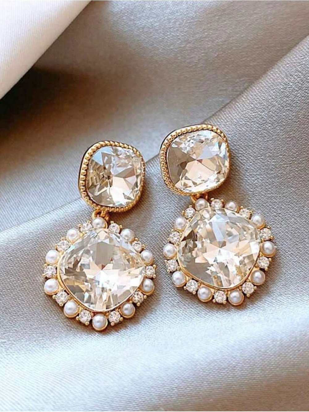 Gold Crystal and Pearl Halo Drop Earrings - Picture 3 of 5